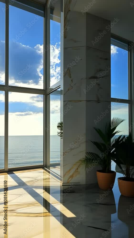 Poster a view of the ocean from a large window in a modern building