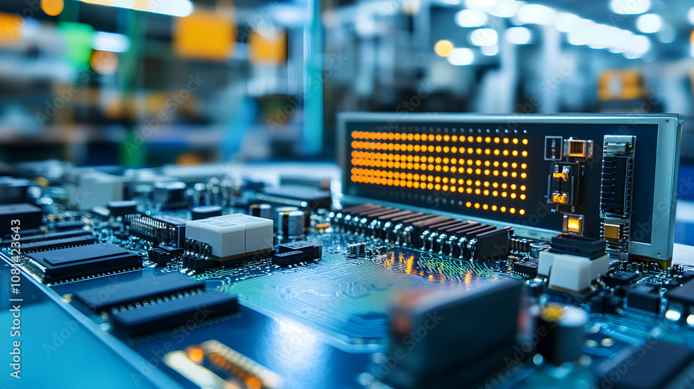 Aufkleber close-up of illuminated led display integrated circuit board components in factory setting, showcasi
