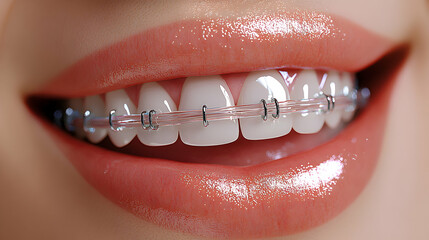 Close-up of a Smile with Clear Aligners, showcasing healthy, white teeth and pink lips.