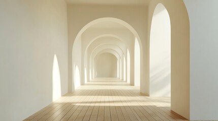 Minimalist architecture with a long, light-filled hallway of arches.