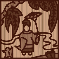 木彫り正方形ミニ花札　霜月　栃　11月　小野道風　栃に小野道風