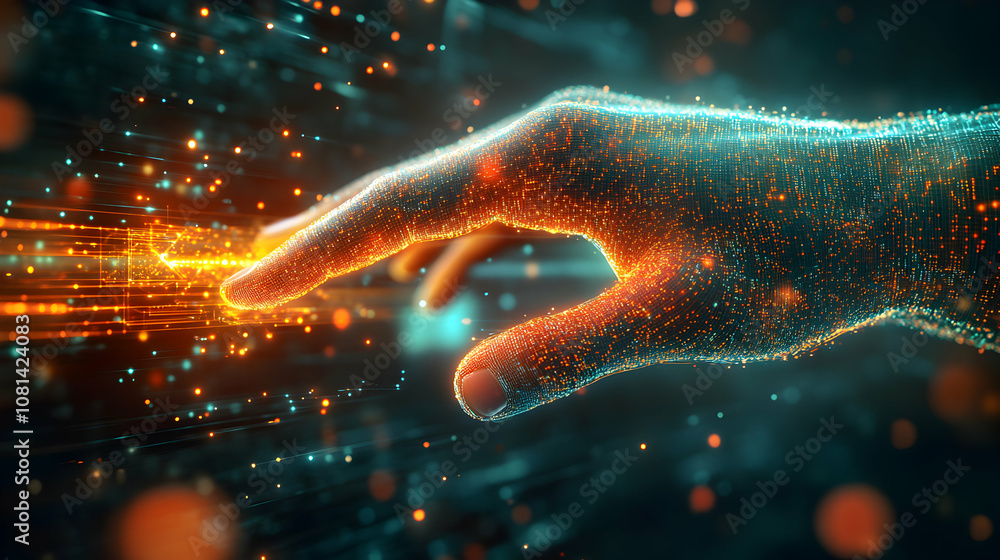 Aufkleber digital hand interacts with glowing data stream, abstract 3d render of futuristic technology
