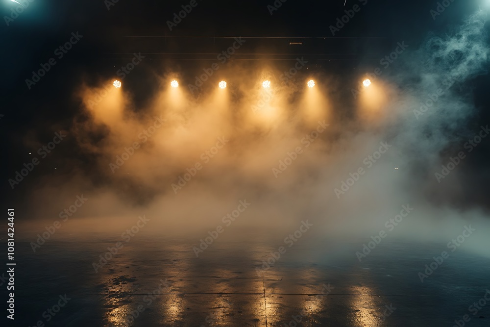 Poster empty stage with fog and spotlights, ready for performance or presentation