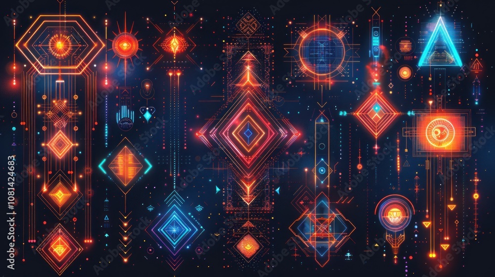 Poster abstract geometric pattern with glowing neon lines and shapes on a dark background.
