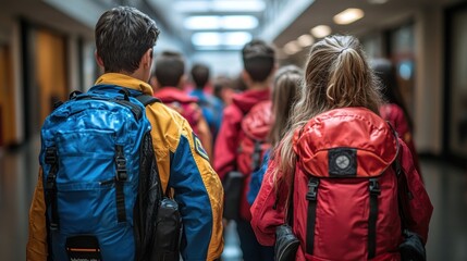 Fototapeta premium Children walking in a hallway with backpacks, likely on a trip.