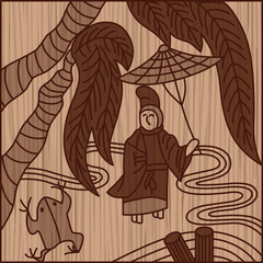 木彫り正方形花札　霜月　栃　11月　小野道風　栃に小野道風