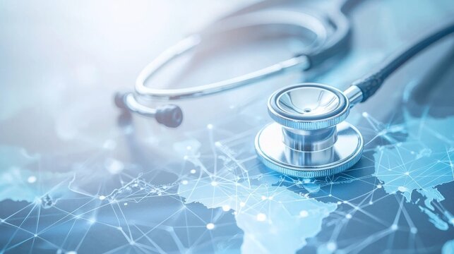 A stethoscope resting on a digital map representing global healthcare connections and advancements in medical technology