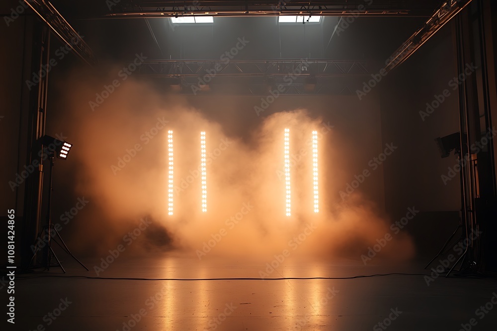 Aufkleber abstract stage design with two illuminated vertical strips of light and smoke creating an m shape