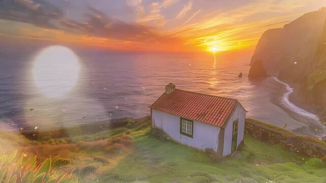 log cabin house autumn with sunset sky in landscape cartoon style seamless looping overlay 4k virtual video animation background