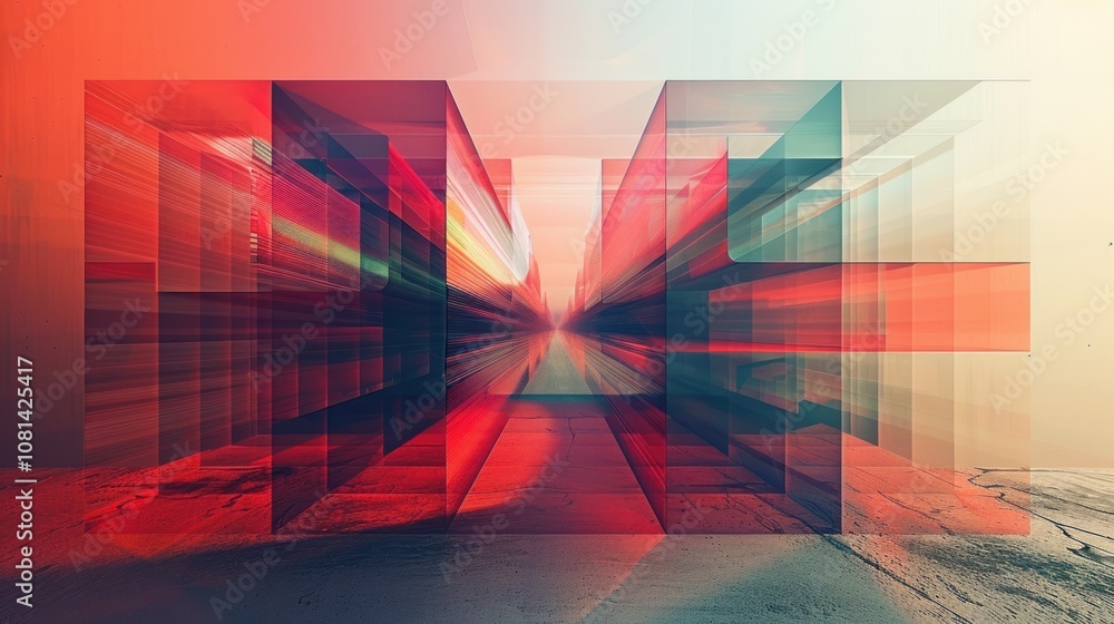 Poster abstract geometric shapes in a 3d perspective with a blurred background.