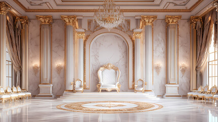 Fototapeta premium Regal interior opulent throne room with ornate white throne as focal point luxurious decor high ceilings dramatic lighting sense of grandeur. Regal. Illustration