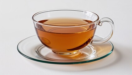 a clear glass teacup filled with amber-colored tea, placed on a matching glass saucer.