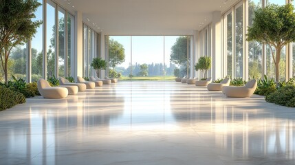 Modern, spacious lobby with natural light and greenery.