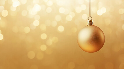 Fototapeta premium Elegant golden sphere hanging on one side on shiny golden christmas background with copy space