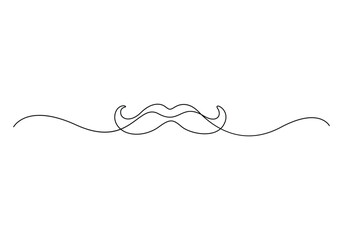 Linear background of mustache. Continuous one line drawing of a mustache. Vector illustration. Mustache icon isolated white background