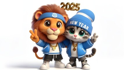 a cute lion and cat celebrating the new year 2025
