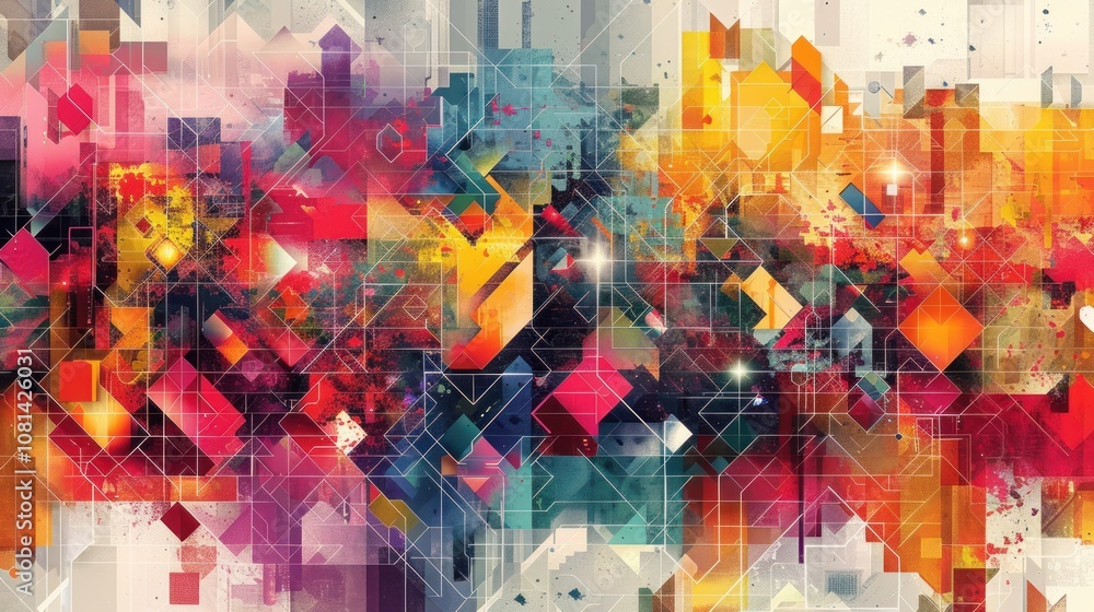 Aufkleber abstract colorful geometric pattern with glowing lights and textured background.