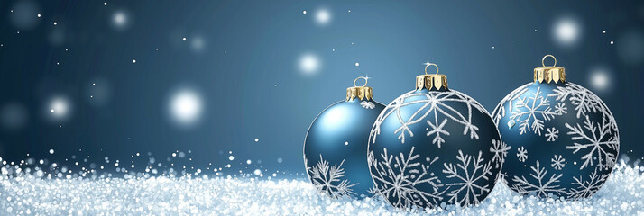 Blue Christmas card with blue Christmas spheres with copy space, banner, frame