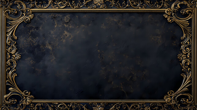 Rich textured black wallpaper with an ornate gold border and intricate scrollwork, regal style, classic elegance, exclusive. Regal. Illustration
