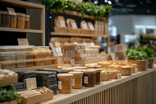 Eco-friendly packaging display featuring a variety of biodegradable and compostable materials, designed to promote sustainability and reduce waste. The image highlights natural and recyclable material