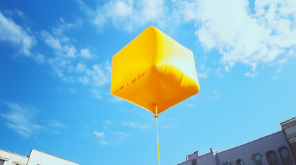 Yellow cube-shaped balloon floating in blue sky with clouds