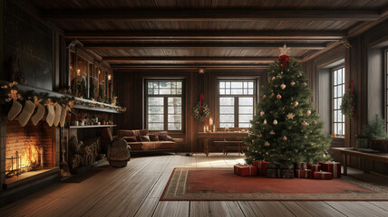 Christmas tree illuminated and decorated with bows inside a rustic wooden house.