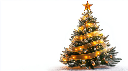 Christmas tree decorated with golden ribbon on a white background, greeting card, invitation card, postcard