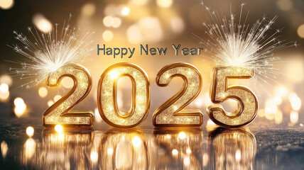 Luxurious and elegant Happy New Year 2025 sign with fireworks, glitter sign, corporate sign
