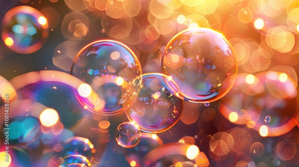 Poster a group of colorful soap bubbles float in the air with an orange bokeh background.