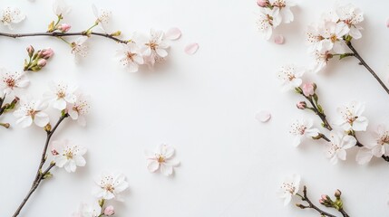 Cherry blossom branches in full bloom with delicate pink petals against a white background for a clean look