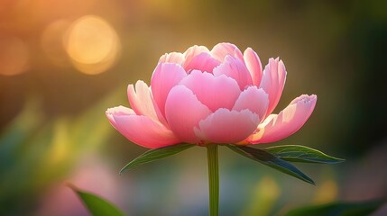 Fototapeta premium Close-up of a peony flower in full bloom, with delicate pink petals and a soft-focus background