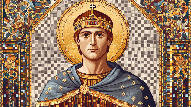 Vibrant byzantine art mosaic of justinian i, isolated on a transparent background, showcasing intricate gold and glass tiles, ornate borders, and regal imperial symbols. Regal. Illustration
