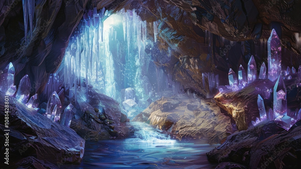 Poster a hidden cave nestled beneath a waterfall where the walls are adorned with delicate crystal curtains