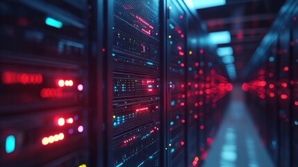 Rows of servers with blinking lights in a data center.