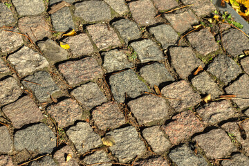 Textured retro stone pavement, natural autumn colored leaves. Cobblestone pavement and fall leaves. Autumn leaves on cobblestone sidewalk. High quality photo