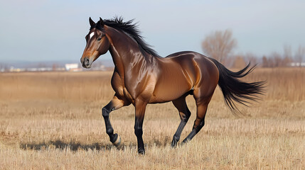 With powerful muscles rippling beneath its golden-brown coat, the horse thunders across the open field, its regal tail. Regal. Illustration