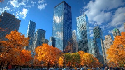 Tall skyscrapers rise above a city park with vibrant autumn foliage.