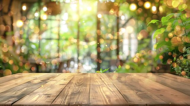 empty wooden table top with green garden at cafe seamless looping overlay 4k virtual video animation background