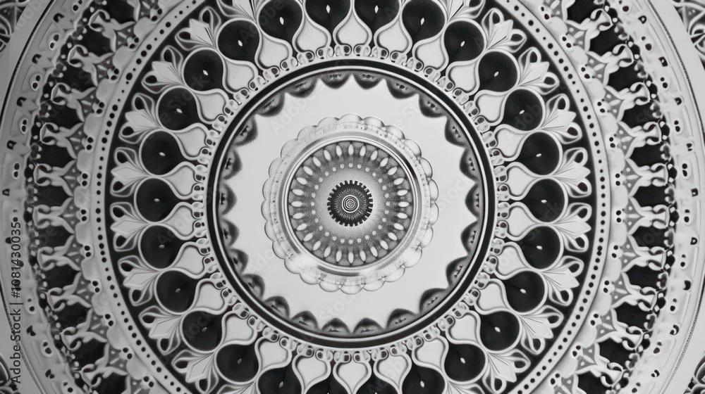 Poster Abstract circular pattern with black and white concentric circles and intricate details.