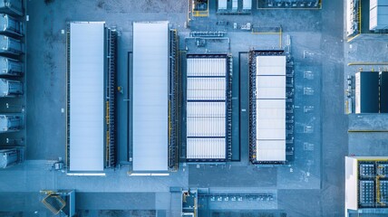 Smart Grids and Sustainable Energy Storage, An overhead view of a smart grid station with large battery storage systems, highlighting the flow of stored energy into the grid