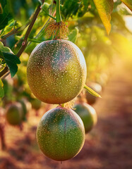 Close-up of passion fruit on trees in fields and gardens.