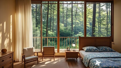 Charming bedroom with breathtaking forest view. Wake up to the sights and sounds of nature, offering a serene escape and a peaceful atmosphere for relaxation