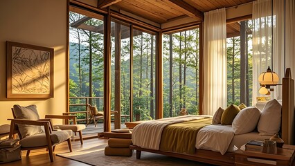 Charming bedroom with breathtaking forest view. Wake up to the sights and sounds of nature, offering a serene escape and a peaceful atmosphere for relaxation