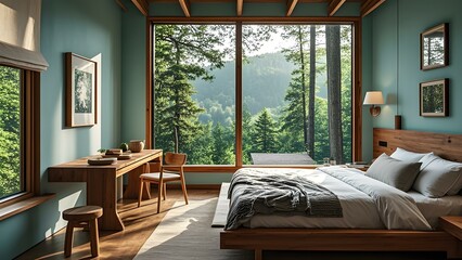 Charming bedroom with breathtaking forest view. Wake up to the sights and sounds of nature, offering a serene escape and a peaceful atmosphere for relaxation