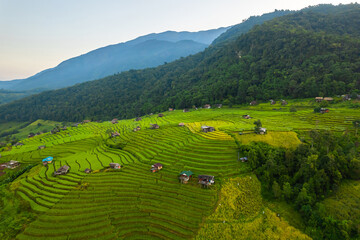 Fototapeta premium Beautiful aerial view of the rice terraces at Ban Pa Bong Piang in Chiang Mai Thailand.