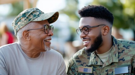 Fototapeta premium An older man and a young man in military gear, with broad smiles, sharing a joyful moment outside, representing friendship, respect, and camaraderie.