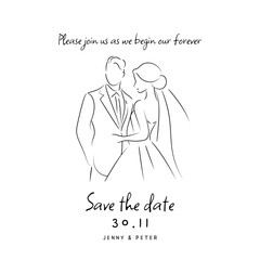 Wedding save the date card features a simple and elegant bride and groom pose illustration on a white background