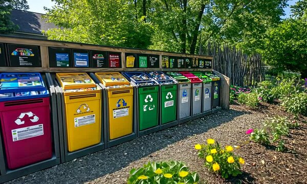 A colorful recycling station with bins for different waste types in a green outdoor setting.