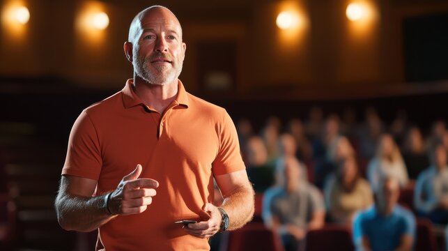 A confident man in an orange shirt delivers a compelling speech to a seated audience, capturing their attention and creating an engaging atmosphere in the room.