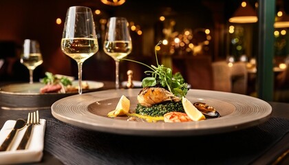 Fototapeta premium Elegant Restaurant Dinner Scene With a Gourmet Seafood Dish, Served With Fresh Herbs, Spices, and Wine Pairings for a Luxurious Fine Dining Experience